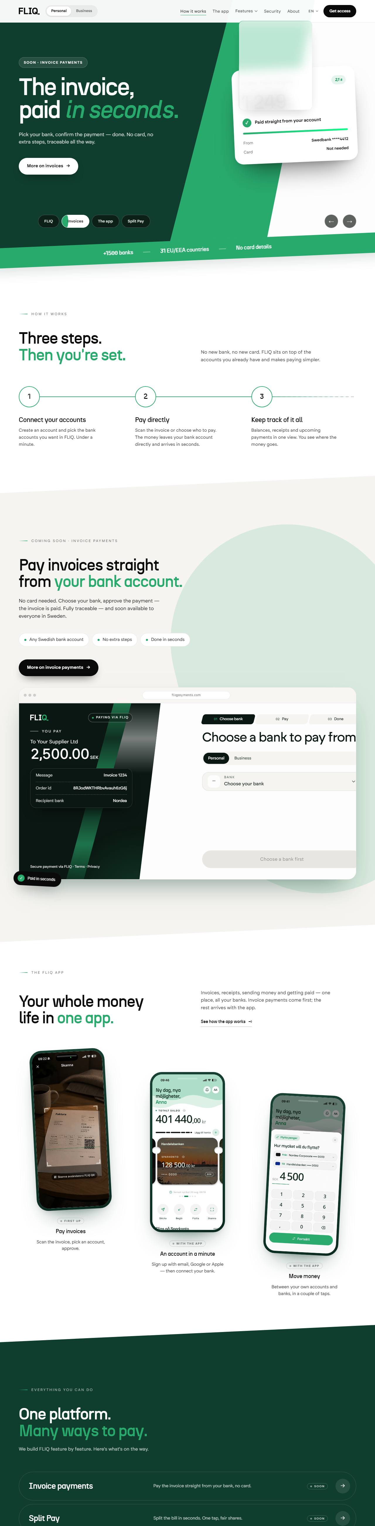 FLIQ website, scrolling through invoice payments and the app
