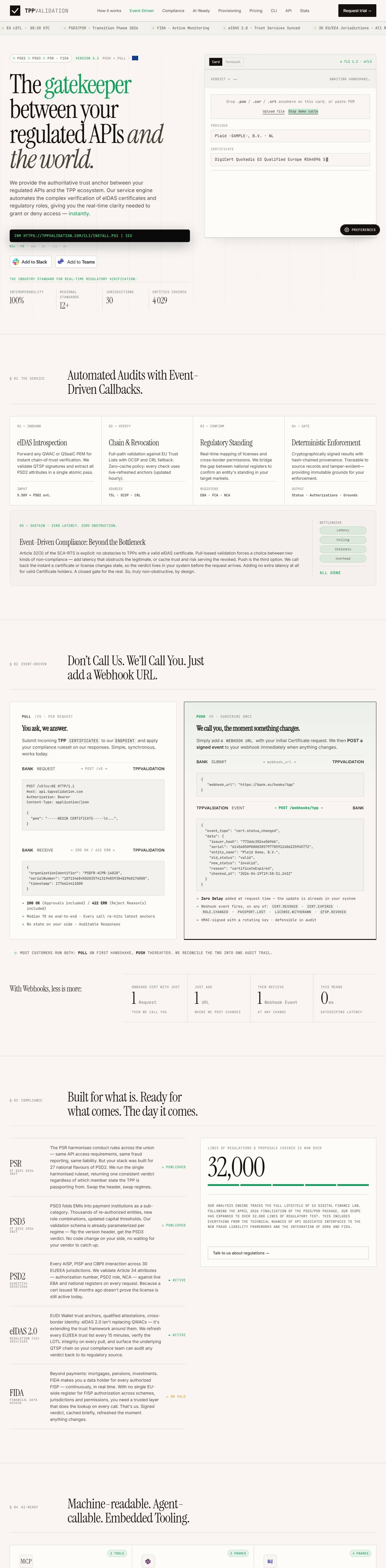 TPP Validation website, scrolling through the verification pipeline and compliance coverage